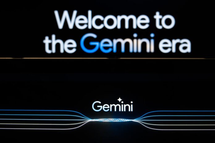 In this photo illustration a Gemini logo and a welcome message on Gemini website are displayed on two screens in L'Aquila, Italy, on February 12th, 2024. Google replaced its AI chatbot 