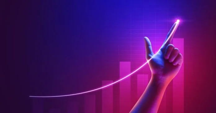 A finger draws an upward curving line against a bar chart.