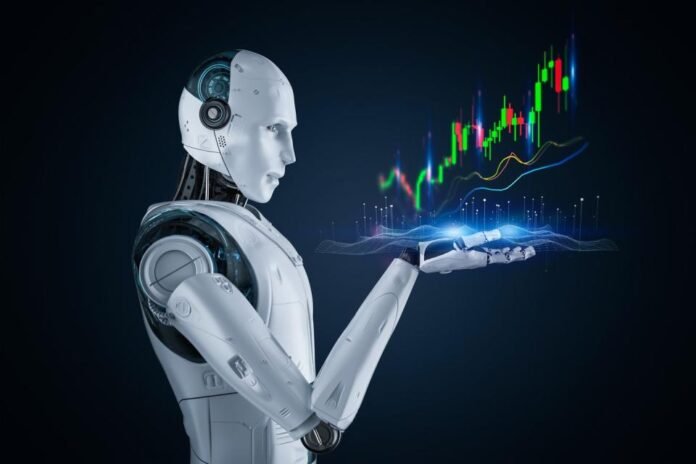 A robot holding a tablet with a rising stock chart above it