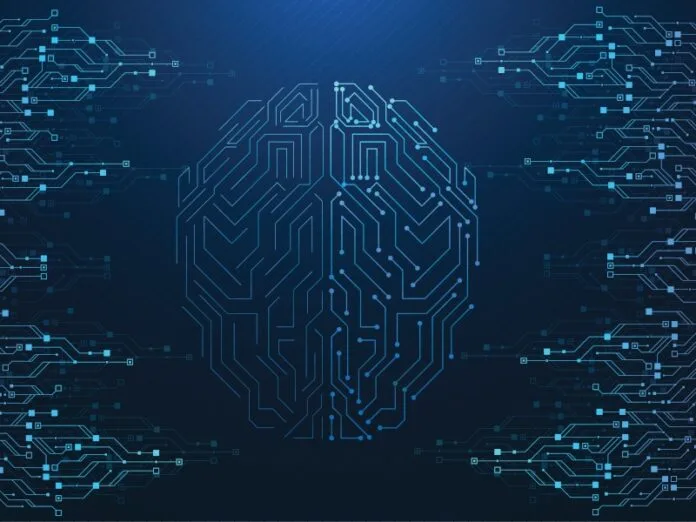 A digital illustration of multiple wires making the shape of a brain, used for the concept of AI.