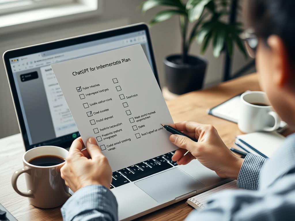 A freelancer checking off items on a ChatGPT implementation checklist A freelancer checking off items on a ChatGPT implementation checklist