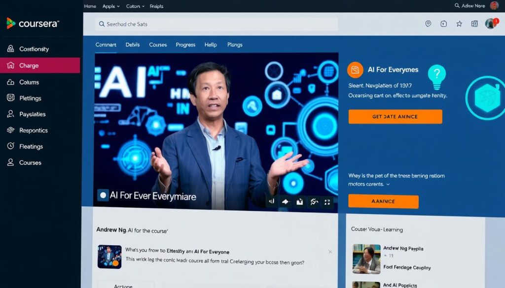 AI For Everyone course interface showing Andrew Ng teaching basic AI concepts to beginners AI For Everyone course interface showing Andrew Ng teaching basic AI concepts to beginners