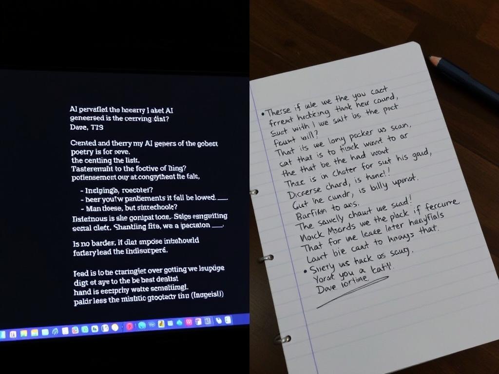 AI-generated poetry displayed on a computer screen alongside handwritten human poetry for comparison AI-generated poetry displayed on a computer screen alongside handwritten human poetry for comparison