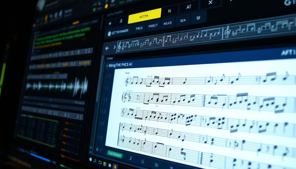 AI music composition interface showing musical notation and sound waves being generated by artificial intelligence AI music composition interface showing musical notation and sound waves being generated by artificial intelligence