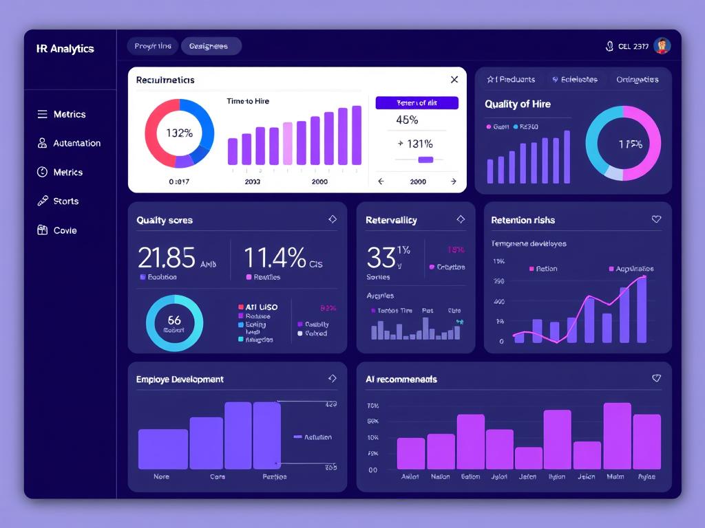 AI-powered HR dashboard showing recruitment analytics and employee development metrics AI-powered HR dashboard showing recruitment analytics and employee development metrics
