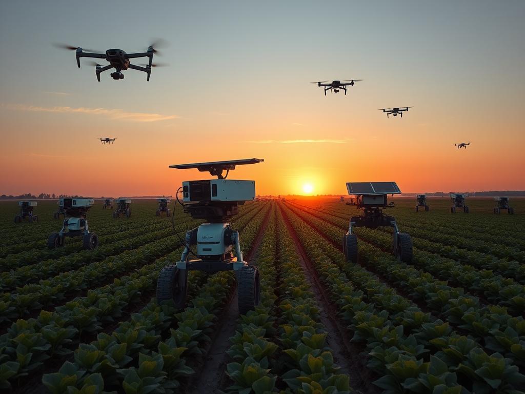 AI-powered agricultural robots harvesting crops in a field in 2025 AI-powered agricultural robots harvesting crops in a field in 2025