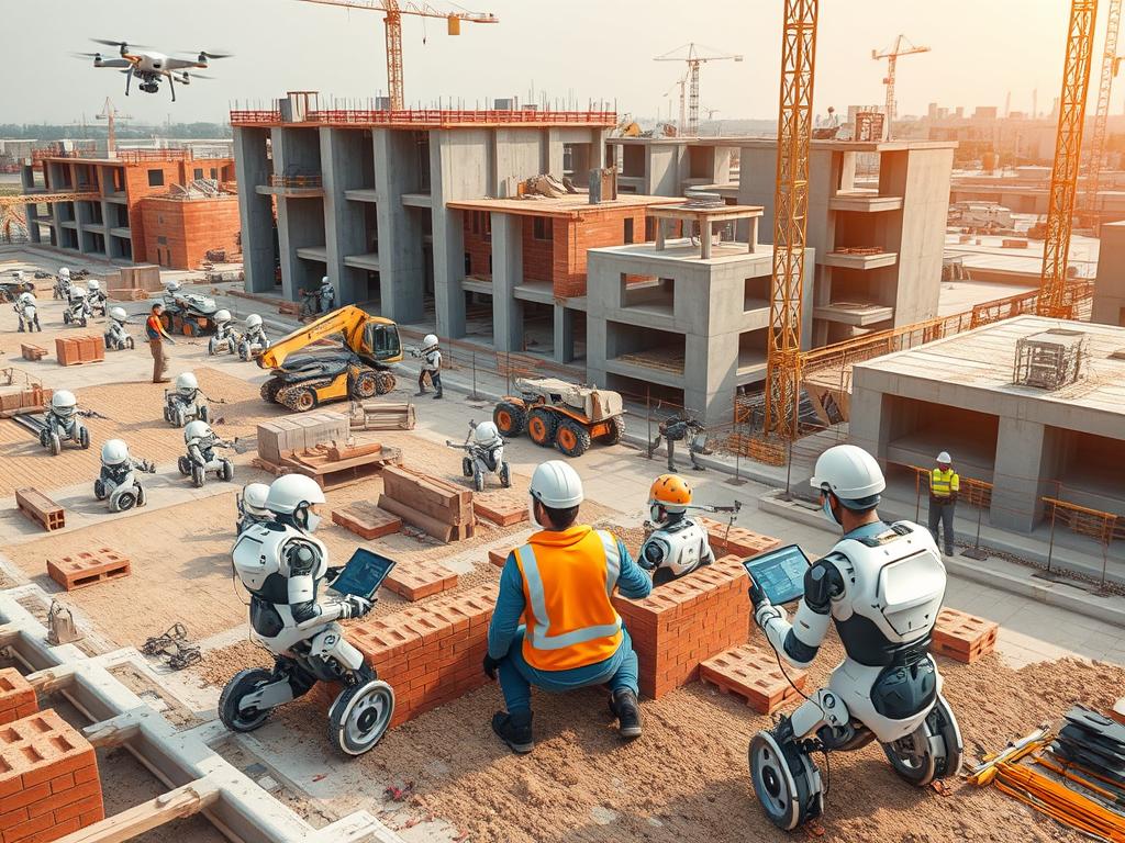 AI-powered construction robots building structures on a construction site in 2025 AI-powered construction robots building structures on a construction site in 2025