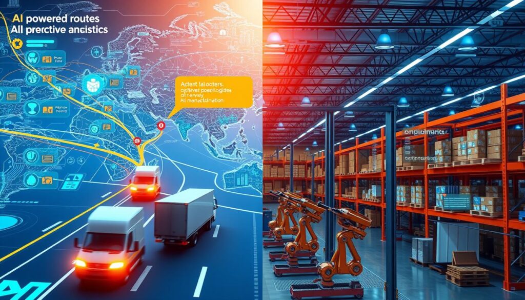 AI-powered logistics optimization showing predictive routing and inventory management AI-powered logistics optimization showing predictive routing and inventory management