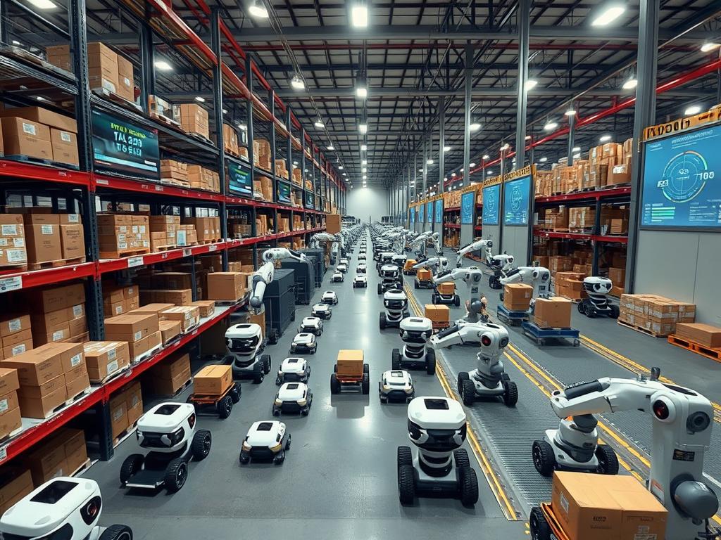 AI-powered logistics robots sorting packages in an automated warehouse in 2025 AI-powered logistics robots sorting packages in an automated warehouse in 2025