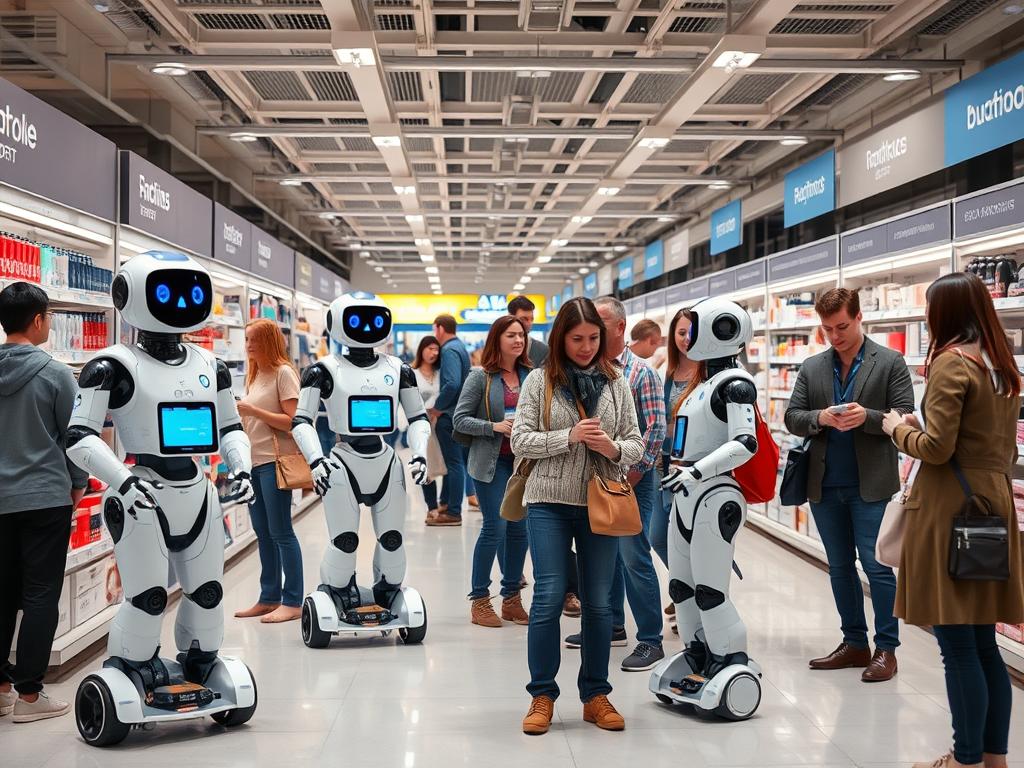 AI-powered retail robots assisting customers in a modern store in 2025 AI-powered retail robots assisting customers in a modern store in 2025