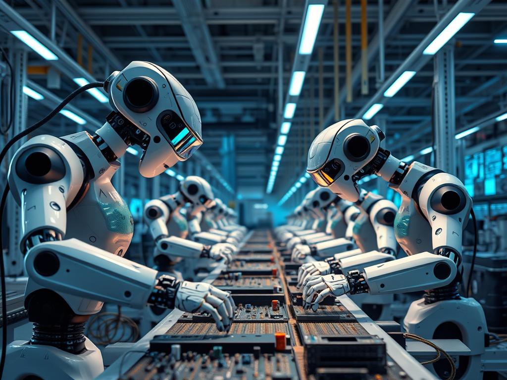 AI-powered robots in a manufacturing assembly line in 2025 AI-powered robots in a manufacturing assembly line in 2025