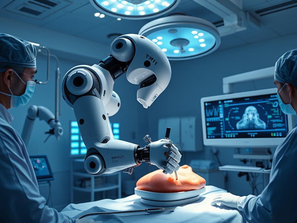 AI-powered surgical robot performing a precision operation in a hospital in 2025 AI-powered surgical robot performing a precision operation in a hospital in 2025