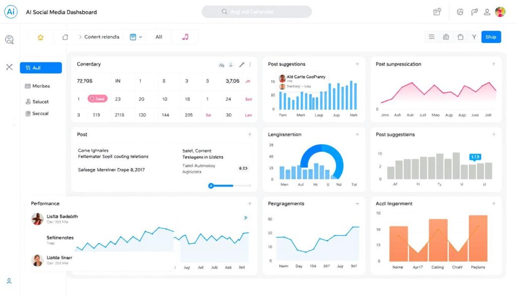 AI social media management dashboard showing content calendar and analytics