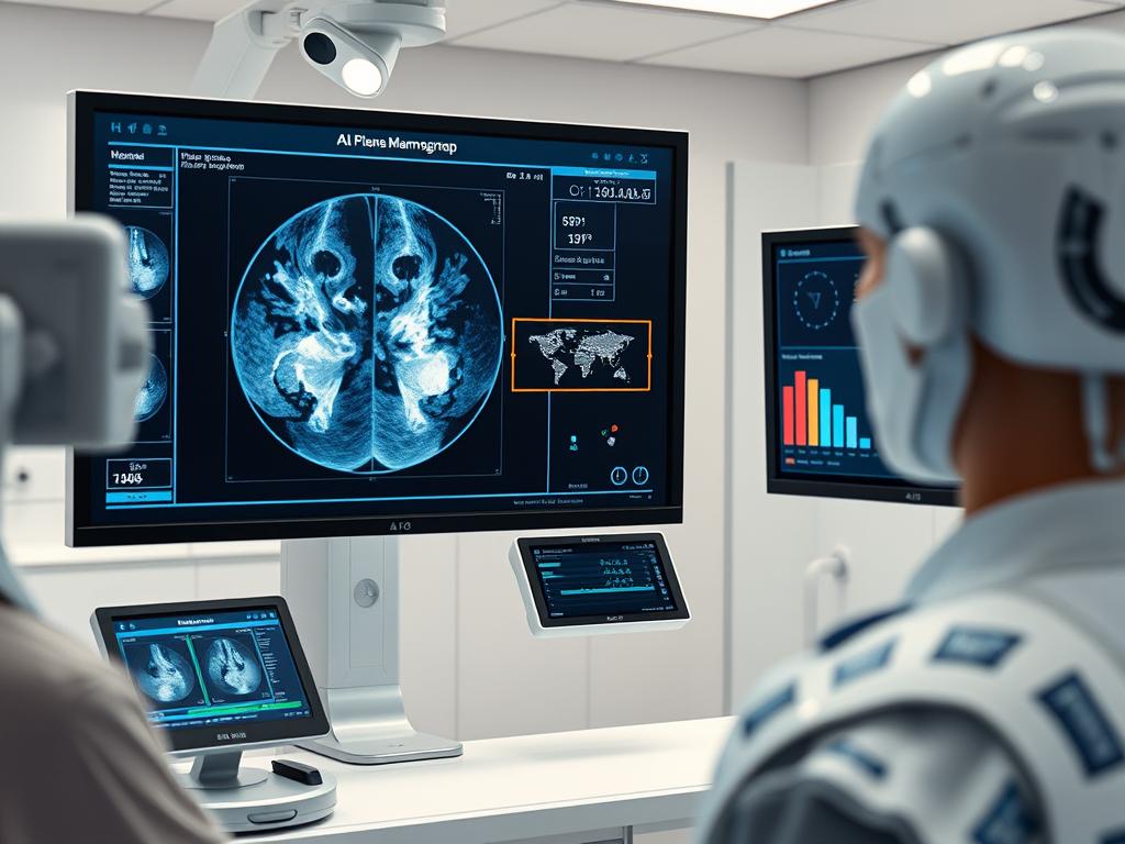 AI system analyzing a mammogram for early breast cancer detection AI system analyzing a mammogram for early breast cancer detection