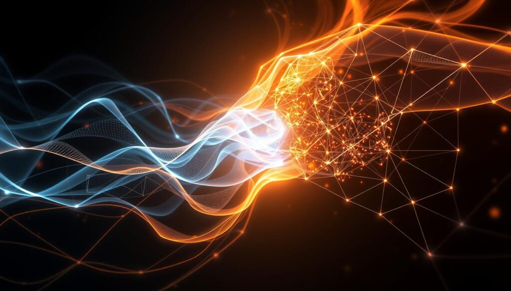 Abstract representation of human and AI creativity merging, showing flowing patterns of light and color Abstract representation of human and AI creativity merging, showing flowing patterns of light and color