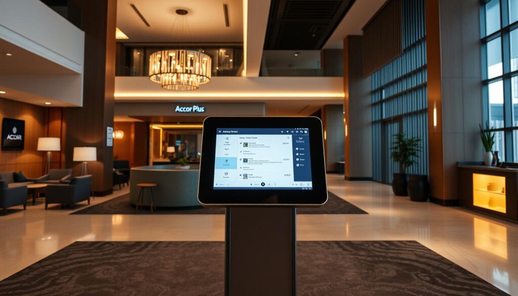 Accor Plus hotel lobby with digital kiosk showing AI assistant interface Accor Plus hotel lobby with digital kiosk showing AI assistant interface
