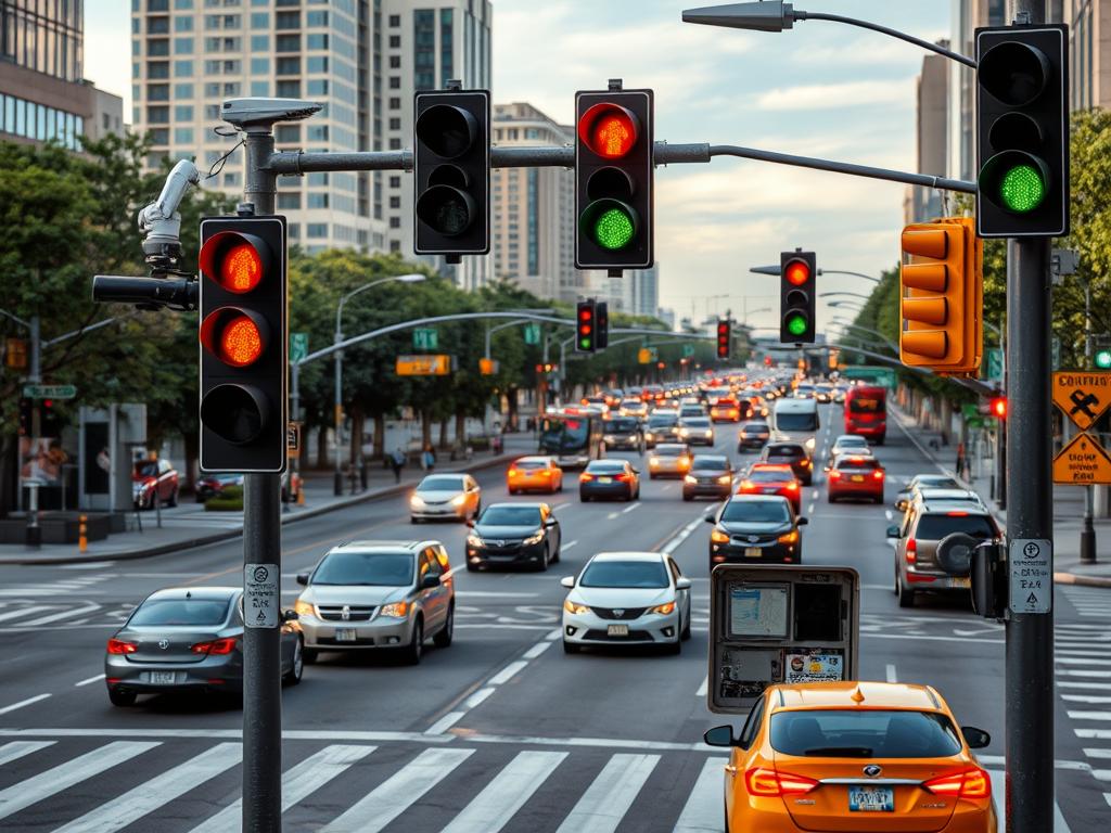 Adaptive traffic signal control system showing AI-optimized traffic lights at a busy intersection Adaptive traffic signal control system showing AI-optimized traffic lights at a busy intersection