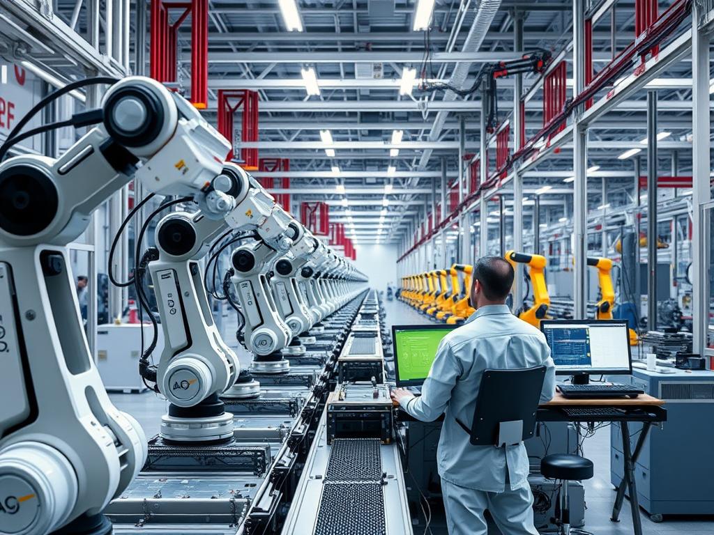 Advanced manufacturing robots working on an assembly line with minimal human supervision Advanced manufacturing robots working on an assembly line with minimal human supervision