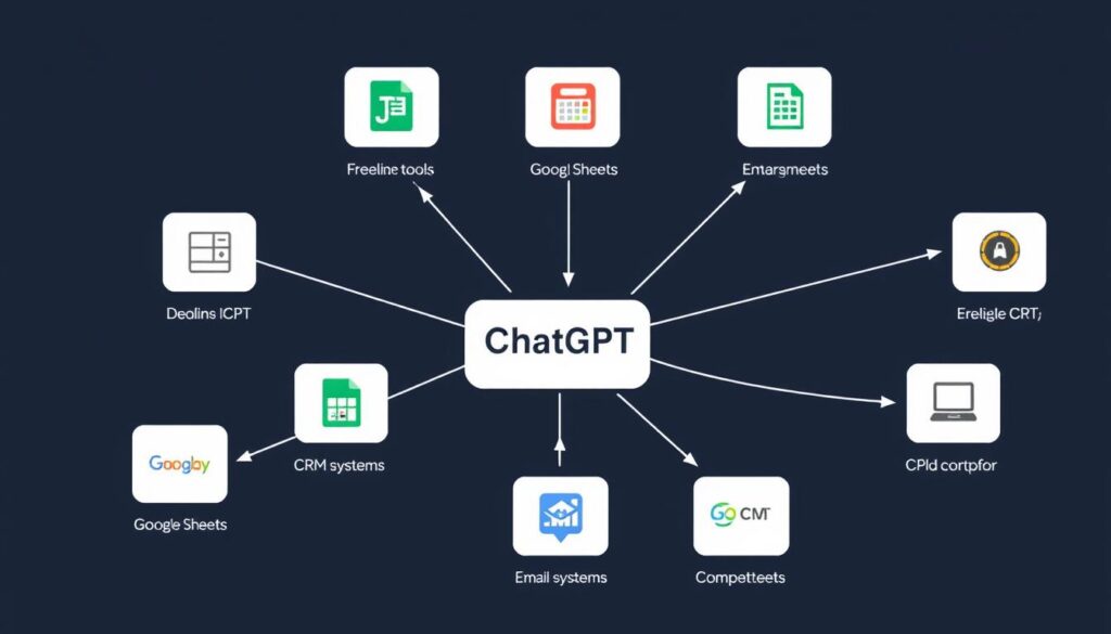 Automation workflow diagram showing ChatGPT connected to various freelance tools Automation workflow diagram showing ChatGPT connected to various freelance tools