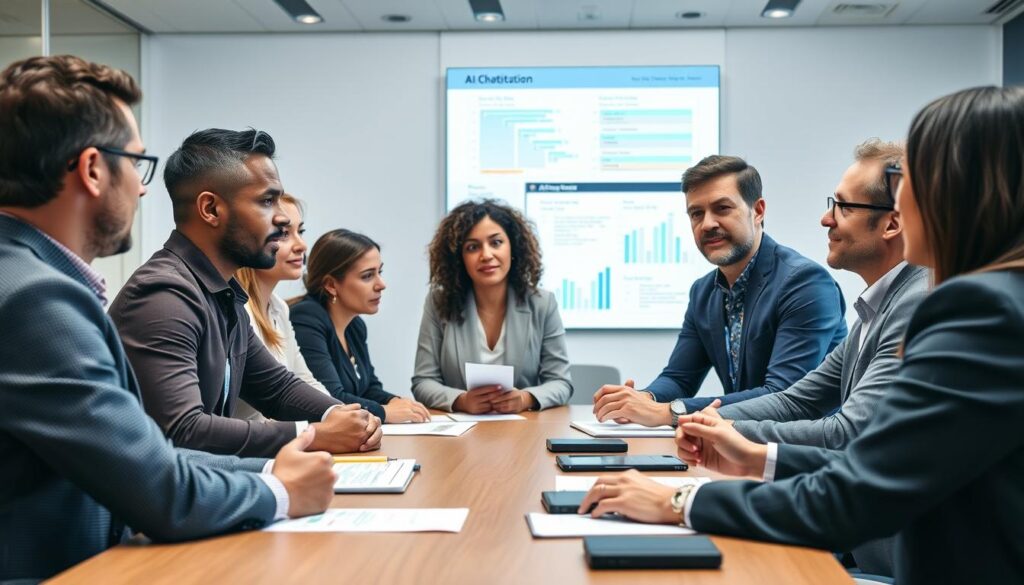 Business meeting where professionals are discussing AI limitations and implementation strategies Business meeting where professionals are discussing AI limitations and implementation strategies