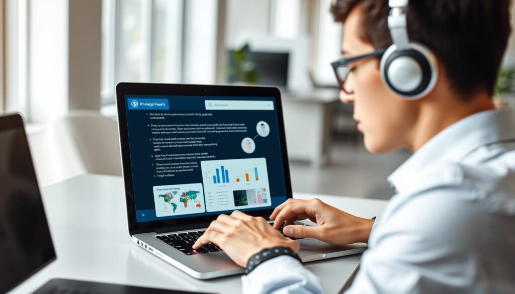 Business professional using an AI chatbot on a laptop for multimodal content creation Business professional using an AI chatbot on a laptop for multimodal content creation