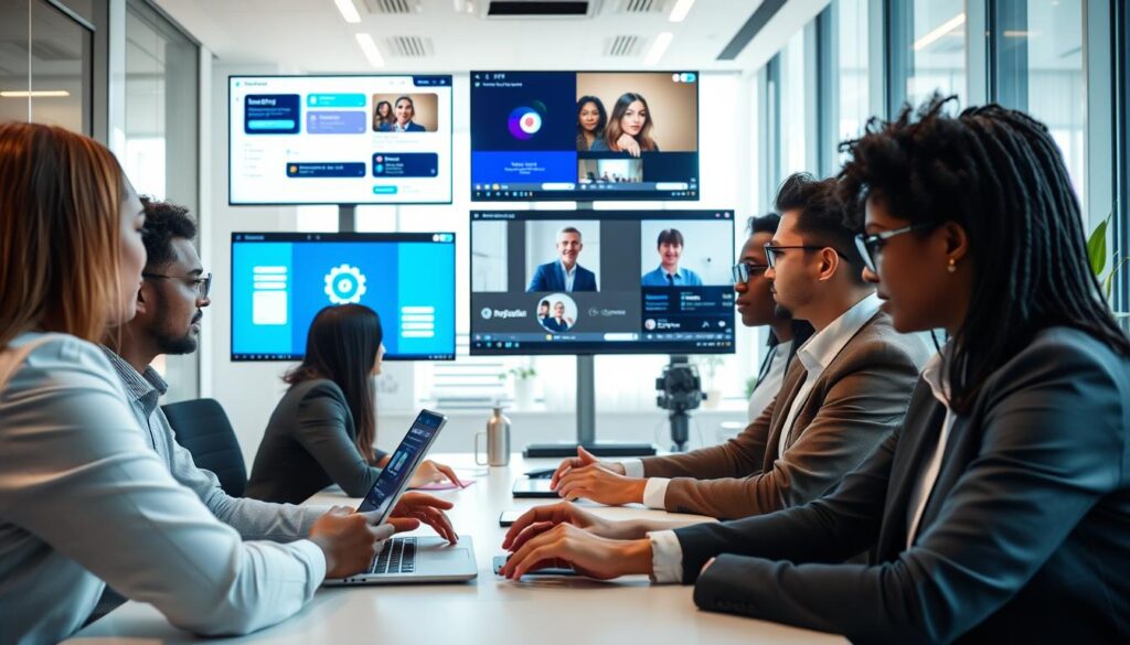 Business professionals collaborating with AI tools in a modern office environment Business professionals collaborating with AI tools in a modern office environment