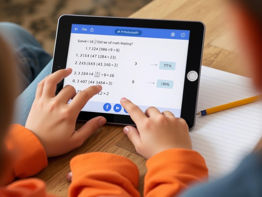 Child using AI math homework app on tablet with step-by-step problem solving Child using AI math homework app on tablet with step-by-step problem solving