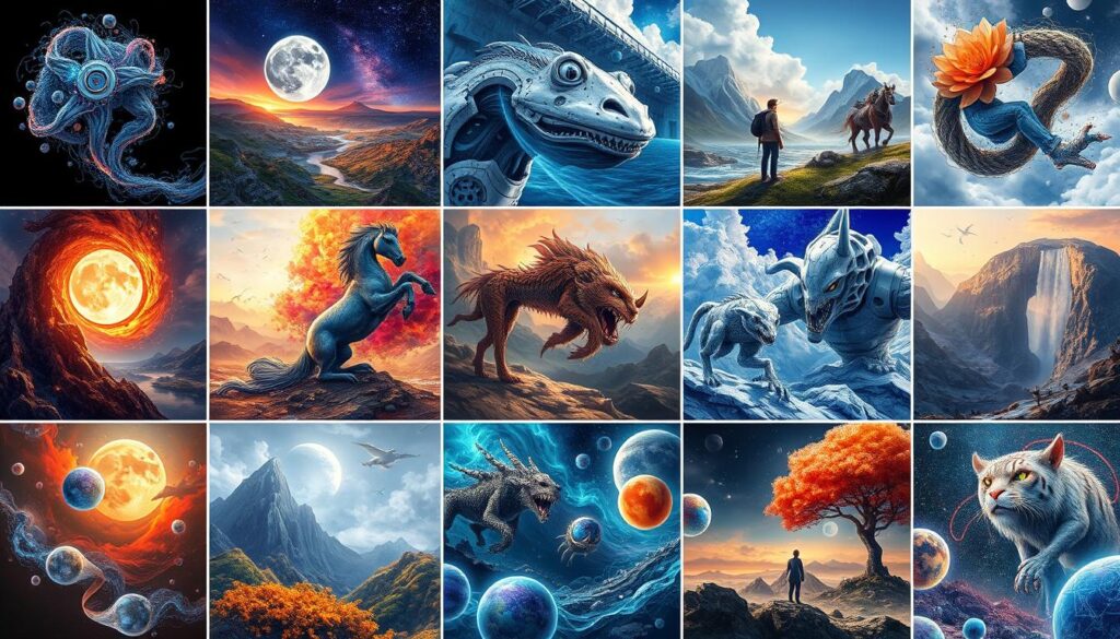 Collage of artwork created using various emerging AI co-creation tools Collage of artwork created using various emerging AI co-creation tools