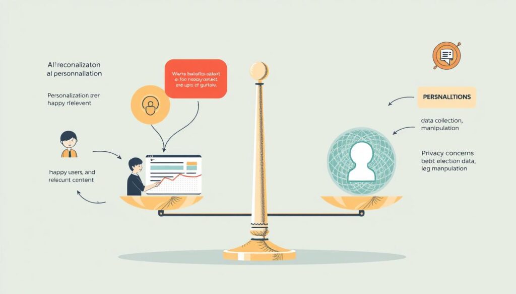 Conceptual illustration showing the balance between personalization and privacy concerns in AI recommendation systems Conceptual illustration showing the balance between personalization and privacy concerns in AI recommendation systems