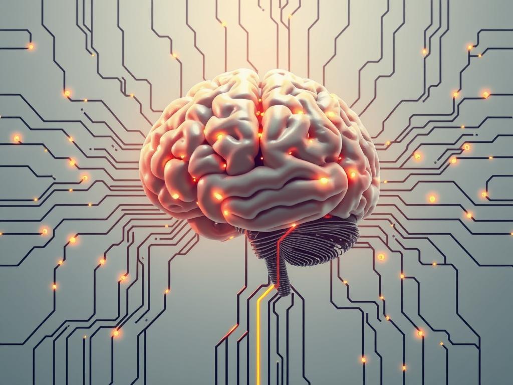 Conceptual illustration showing the human brain connected to computer circuits, representing the relationship between human and artificial intelligence in creative processes Conceptual illustration showing the human brain connected to computer circuits, representing the relationship between human and artificial intelligence in creative processes