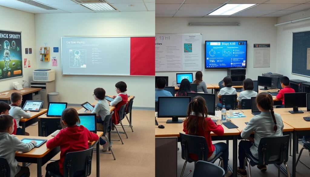 Contrast between two classrooms showing digital divide in AI access - one well-equipped and one with limited technology Contrast between two classrooms showing digital divide in AI access - one well-equipped and one with limited technology