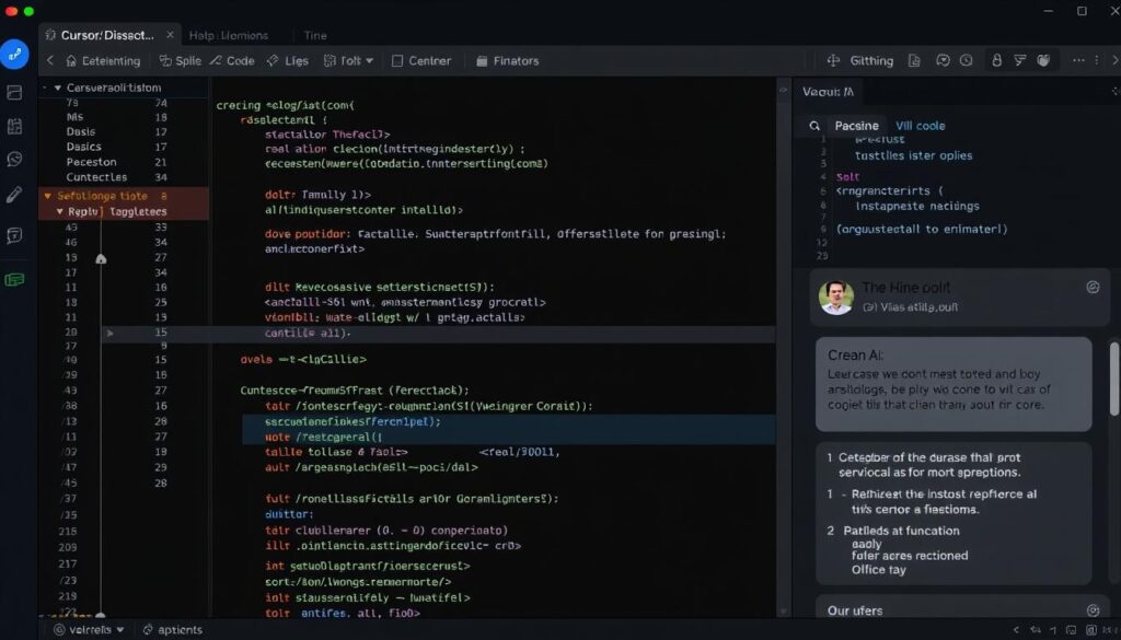 Cursor IDE interface showing AI-assisted code completion and debugging Cursor IDE interface showing AI-assisted code completion and debugging