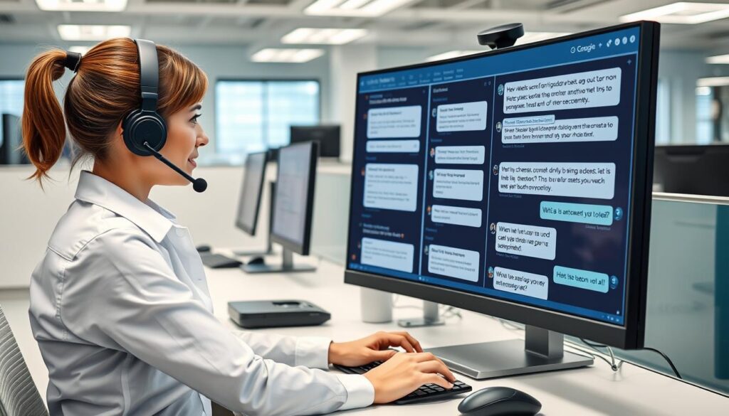 Customer service representative using AI chatbot to assist multiple customers simultaneously Customer service representative using AI chatbot to assist multiple customers simultaneously