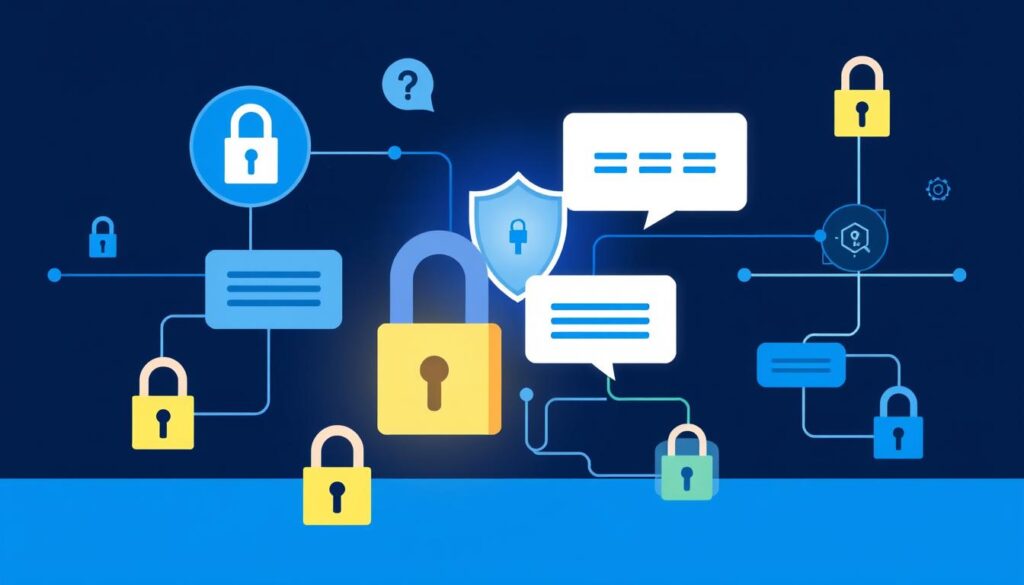 Data security visualization showing protected customer conversations with encryption symbols Data security visualization showing protected customer conversations with encryption symbols