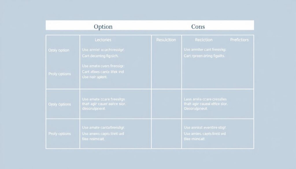Decision matrix comparing two options across multiple factors with pros and cons Decision matrix comparing two options across multiple factors with pros and cons