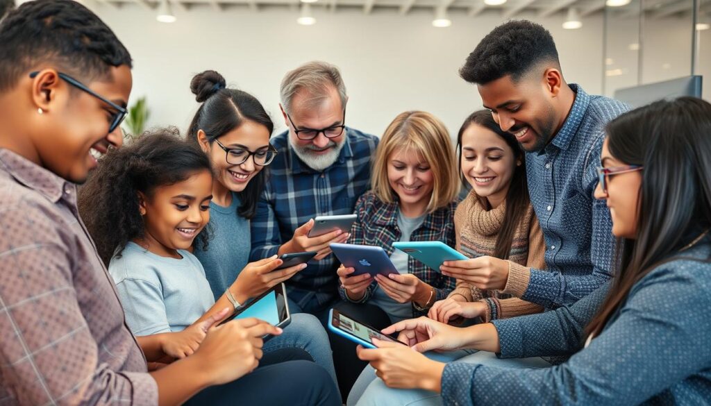 Diverse group of people using AI co-creation tools on various devices Diverse group of people using AI co-creation tools on various devices