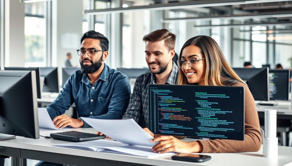 Diverse team of AI developers implementing ethical guidelines in software development Diverse team of AI developers implementing ethical guidelines in software development