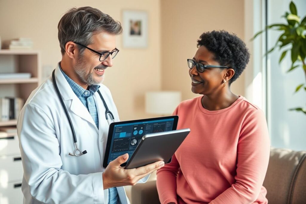 Doctor explaining AI diagnostic results to a patient Doctor explaining AI diagnostic results to a patient