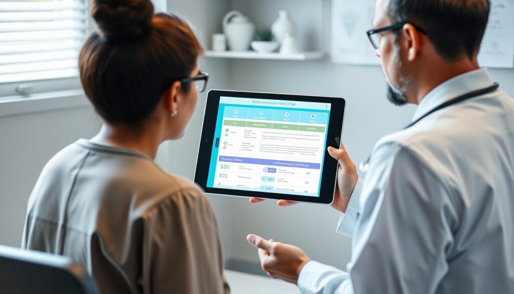 Doctor reviewing AI-generated personalized treatment plan with patient Doctor reviewing AI-generated personalized treatment plan with patient