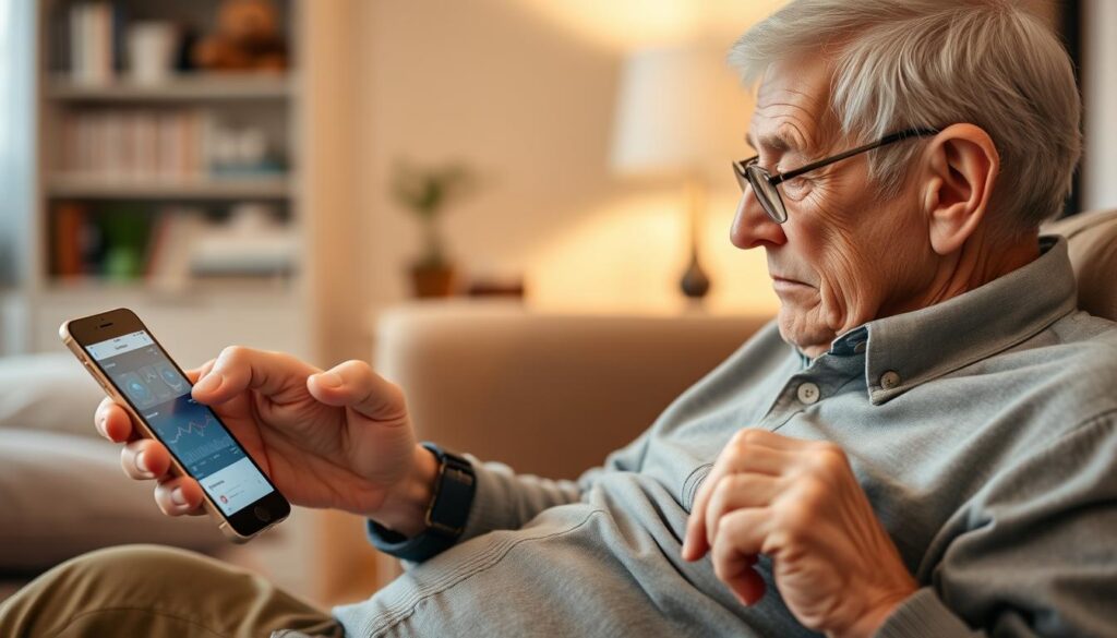 Elderly patient using AI-powered remote monitoring devices at home Elderly patient using AI-powered remote monitoring devices at home