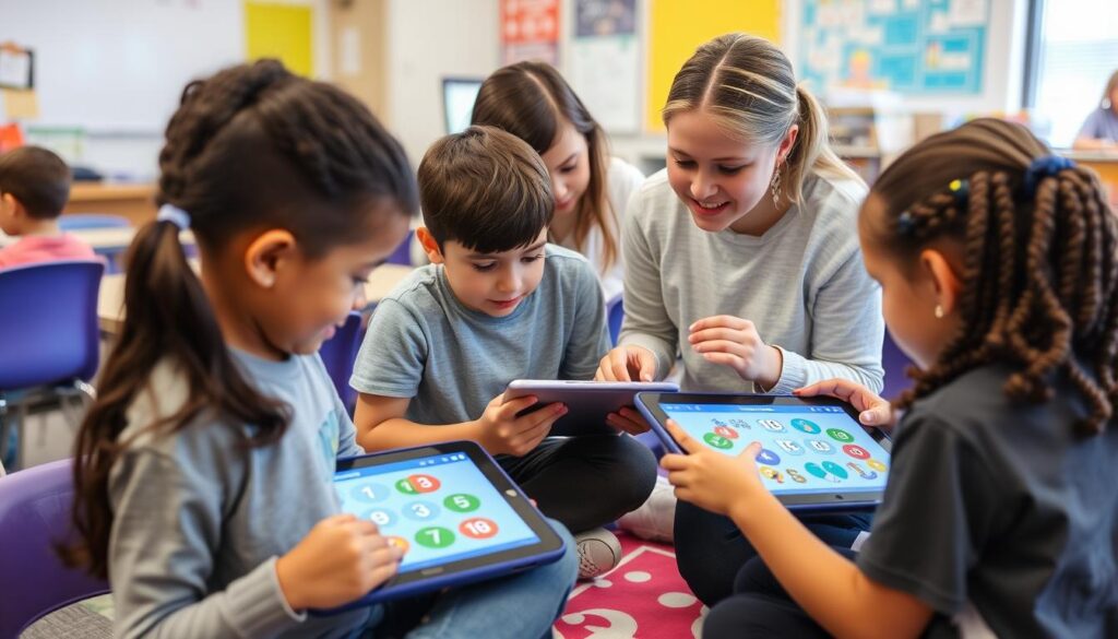 Elementary students using DreamBox Learning math software on tablets with teacher assistance Elementary students using DreamBox Learning math software on tablets with teacher assistance