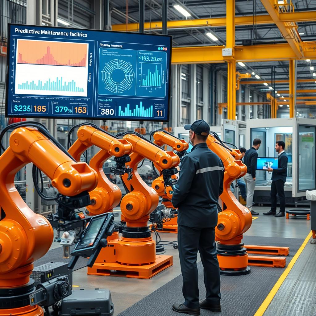 Factory floor with AI-powered robotics and predictive maintenance systems Factory floor with AI-powered robotics and predictive maintenance systems