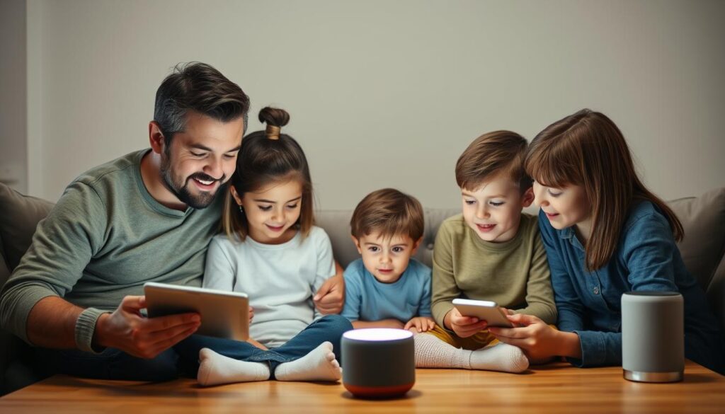 Family setting up AI parenting tools together on multiple devices Family setting up AI parenting tools together on multiple devices