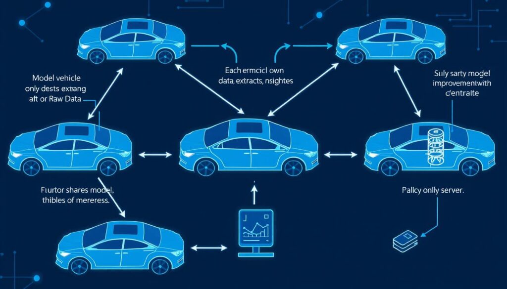 Federated learning network showing multiple self-driving cars sharing AI insights without raw data exchange Federated learning network showing multiple self-driving cars sharing AI insights without raw data exchange