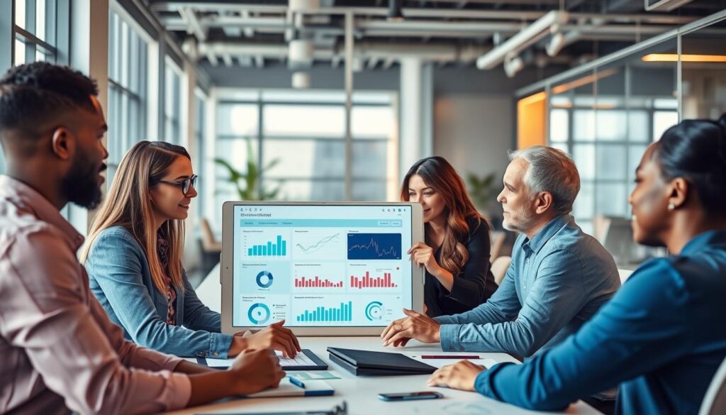 Financial security team collaborating on AI fraud detection implementation Financial security team collaborating on AI fraud detection implementation