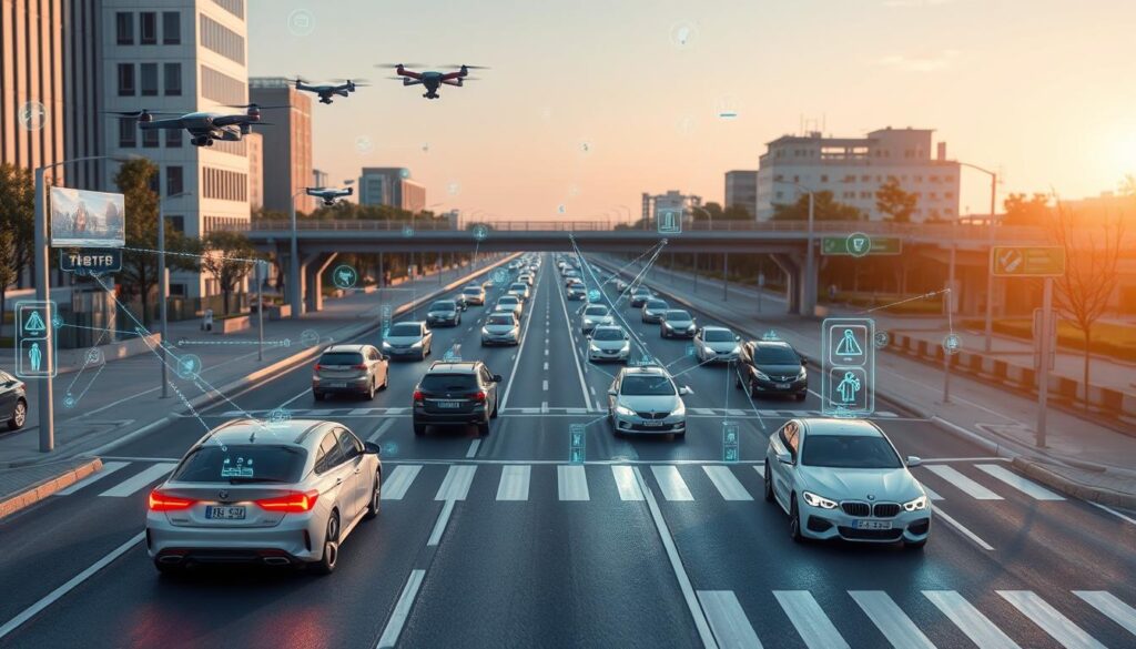 Future of AI in Smart Traffic Systems showing autonomous vehicles, drone monitoring, and integrated urban mobility Future of AI in Smart Traffic Systems showing autonomous vehicles, drone monitoring, and integrated urban mobility