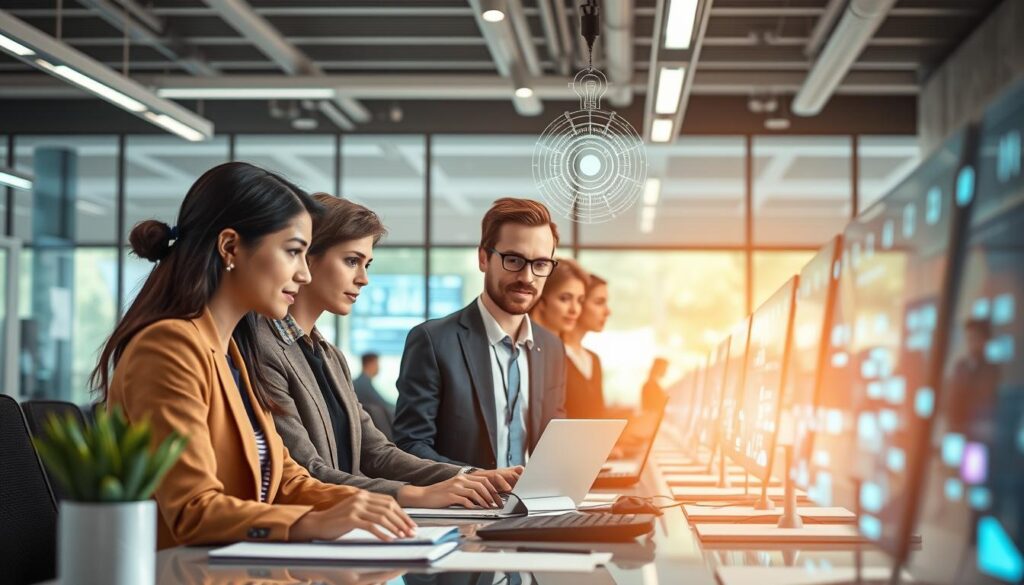 Future workplace showing humans and AI systems collaborating effectively Future workplace showing humans and AI systems collaborating effectively