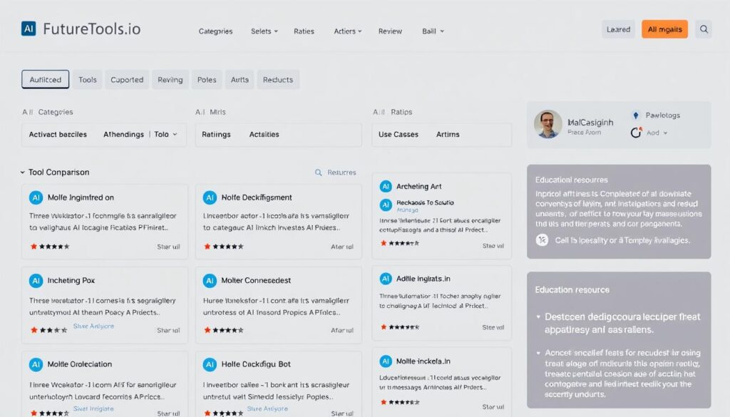 FutureTools interface showing a curated collection of AI tools with reviews FutureTools interface showing a curated collection of AI tools with reviews