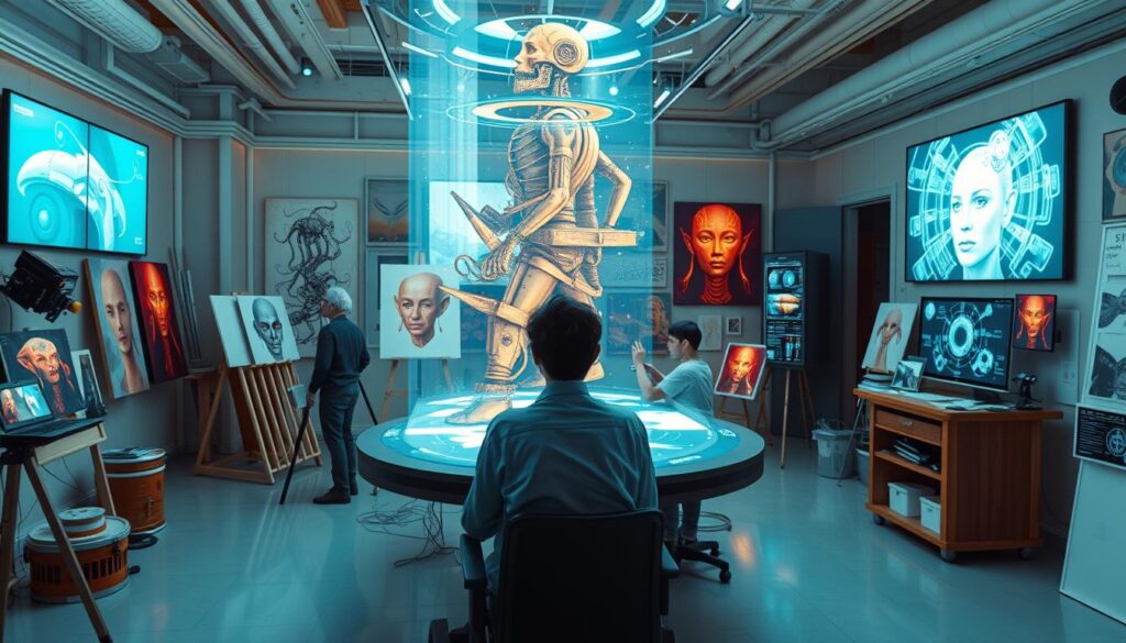 Futuristic art studio showing humans and AI systems collaborating on creative projects Futuristic art studio showing humans and AI systems collaborating on creative projects