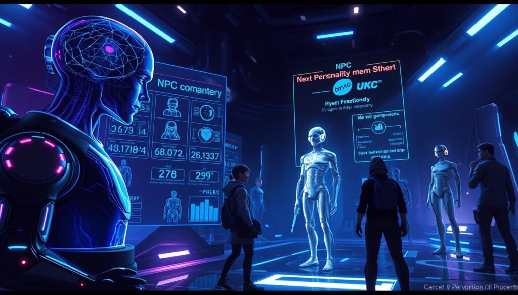 Futuristic concept of advanced AI video game NPCs and gameplay Futuristic concept of advanced AI video game NPCs and gameplay